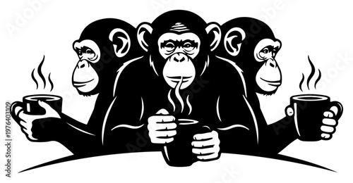 Three chimpanzees sitting and drinking hot coffee together during a social break in black and white vector style