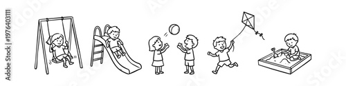 Hand-drawn line art illustrations of happy children playing on a playground with a swing, slide, ball, kite, and sandbox. Ideal for coloring books, educational materials, and nursery decor.