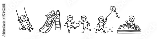 Set of black and white line art illustrations of children playing at a playground, featuring a swing, slide, soccer, kite, and sandbox. Ideal for coloring books and educational materials.