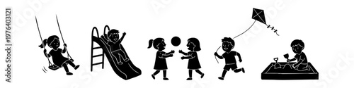 Set of black silhouettes of children playing on a playground, including a swing, slide, ball game, kite, and sandbox. Perfect for childhood, school, and outdoor recreation themes.