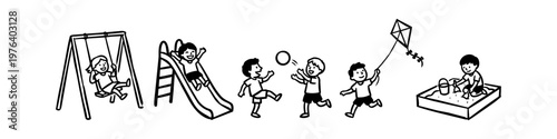 Black and white line art illustration of children playing at a playground, featuring a swing, slide, ball games, kite flying, and a sandbox on a white background.