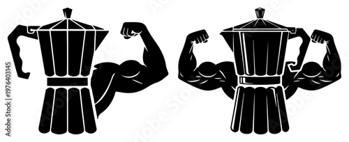 Moka pot espresso maker with muscular flexing arms showing the power of caffeine in black and white vector style