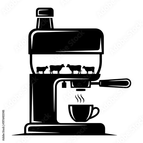 Espresso machine with cows inside brewing fresh coffee in minimalist vector style
