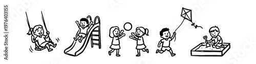 Hand-drawn black and white doodle of diverse kids playing on a playground with a swing, slide, ball, kite, and sandbox. Fun cartoon vector set for children's activities and coloring books.