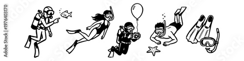 Collection of hand-drawn scuba diving and snorkeling icons featuring divers, snorkelers, and underwater gear in a clean black and white line art style. Perfect for marine adventure designs.