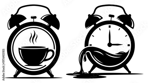 Alarm clocks filled with coffee and espresso cup representing morning energy in minimalist vector style