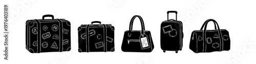 Set of five hand-drawn travel bag silhouettes, including vintage suitcases, a handbag, and a rolling suitcase with decorative stickers. Perfect for vacation and adventure concepts.