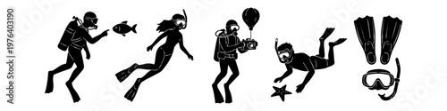 Set of black scuba diving and snorkeling silhouettes including divers, underwater camera, mask, and fins. Vector graphics for ocean exploration, summer travel, and marine life themes.