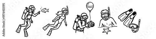 A collection of black and white line art doodles featuring scuba divers, snorkelers, and diving equipment. Perfect for ocean-themed projects and summer vacation graphics.