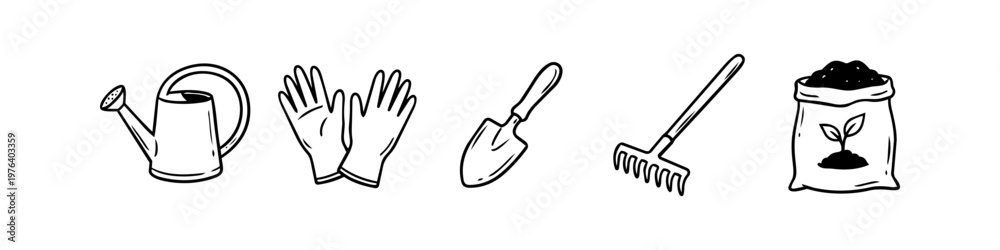 Fototapeta premium Hand-drawn gardening tools set featuring a watering can, gloves, trowel, rake, and soil bag. Minimalist black line art icons for horticulture, planting, and garden maintenance projects.