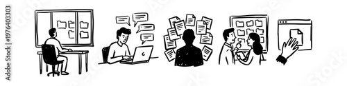 Minimalist hand-drawn doodles showing digital workflow, file organization, online communication, and teamwork. Business sketch set illustrating information management and productivity concepts.