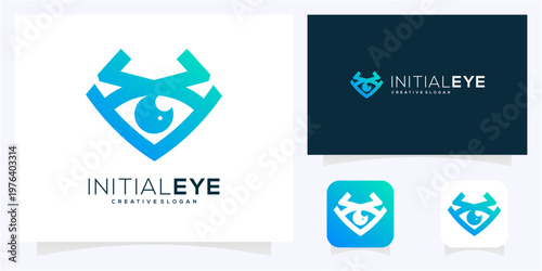 Letter V initial with Eye logo design idea. Abstract vision monogram gradient vector icon symbol.
