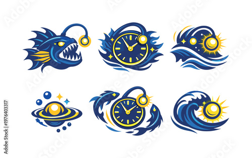 Mythical Sea Guardian Icons. Two-Color vector icons of a mythical deep-sea guardian using a temporal lure (whimsical shift):