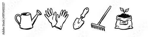 Set of black and white hand-drawn gardening tool icons: watering can, gloves, shovel, rake, and soil bag with sprout. Ideal for garden-related designs, blogs, and spring projects.
