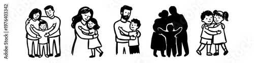 Set of hand-drawn minimalist illustrations featuring families and children hugging. Black and white doodle style captures moments of love, connection, and togetherness for family themes.