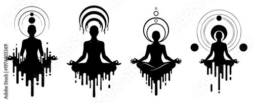Meditating human silhouette with melting effect and spiritual halos in black and white vector style