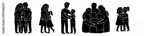 Set of black and white illustrations of diverse family groups hugging. Includes parents, children, and siblings embracing, symbolizing love, support, and togetherness.
