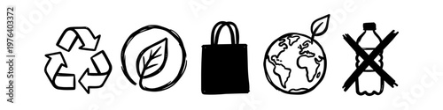 Set of hand-drawn eco-friendly icons including recycling symbol, leaf, reusable bag, Earth globe, and no plastic bottle. Minimalist sketch style for sustainability and zero waste concepts.