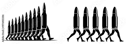 Rows of bullets with human legs walking in military formation representing war and conflict in black and white vector style