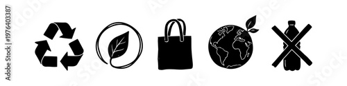 Set of black ecology icons including recycle symbol, leaf, reusable bag, earth globe, and no plastic bottle sign. Ideal for environmental and sustainability concepts.