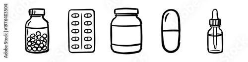 Hand-drawn medicine icons including a pill bottle, blister pack, supplement jar, capsule, and dropper bottle. Minimalist black and white sketch style for healthcare and pharmacy designs.