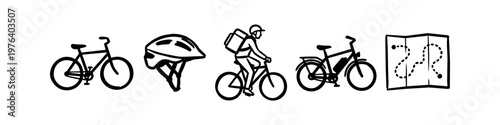 Set of minimalist line art icons featuring a bicycle, helmet, delivery courier on a bike, e-bike, and a navigation map. Ideal for cycling, delivery services, and eco-friendly transport concepts.