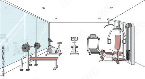 Modern Gym Interior Vector Illustration Front View Perspective with Workout Equipment and Mirror in Clean Flat Design