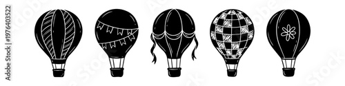 Set of five hand-drawn hot air balloon silhouettes with various patterns like stripes and flowers. Minimalist black ink doodle style icons for whimsical travel and adventure designs.