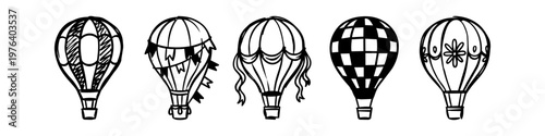Set of five hand-drawn hot air balloon doodles in a sketchy black and white line art style. Ideal for travel, adventure, and decorative design projects.