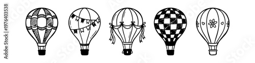Set of hand-drawn hot air balloon icons in a sketch style. Black and white doodle illustrations of various balloons with patterns like checkers, flowers, and flags on a white background.