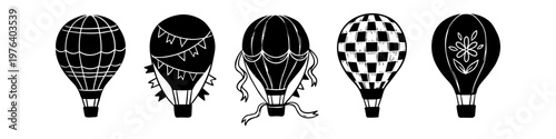 Set of hand-drawn hot air balloon silhouettes with various patterns including stripes, checkered, bunting, and floral designs. Isolated vector doodles for travel and adventure themes.