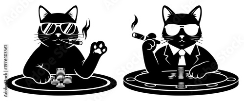 Cool cats wearing sunglasses and smoking cigars playing poker at casino table vector