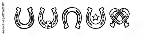 Set of hand-drawn horseshoe icons including lucky clover, star, and heart designs. Minimalist black outline sketches for western, equestrian, and luck-themed projects.