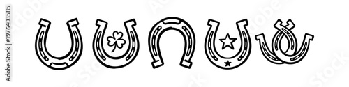 Set of black and white horseshoe line art icons. Features symbols for luck including a shamrock and star. Ideal for equestrian, Western, and good luck designs on white background.