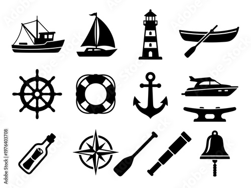 Nautical icons set featuring sailboat, lighthouse, anchor, ship wheel, and marine navigation elements.