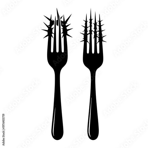 Forks with sharp thorns on tines representing painful eating silhouette vector