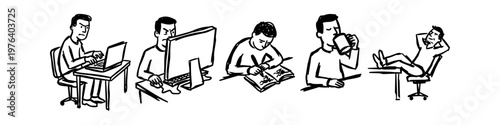 Hand-drawn sketch sequence of a man working, showing productivity, stress, coffee breaks, and relaxation at his desk. Minimalist line art illustration of daily business routine.