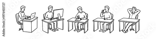 Minimalist line art illustration set showing a man's workday routine: working on a laptop, using a computer, writing, drinking coffee, and relaxing at a desk. Ideal for productivity concepts.