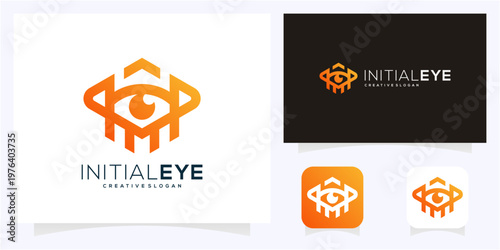 Letter M with Eye and Up Arrow logo design icon vector symbol.