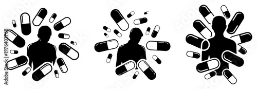 Person silhouettes surrounded by floating medicine pills and capsules silhouette vector