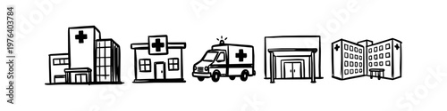 Hand-drawn medical building and ambulance icons in a minimalist sketch style. Includes hospital structures, a clinic, and emergency vehicle vector set on white background.