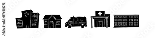 Hand-drawn set of black medical icons featuring hospital buildings, a clinic house, and an ambulance on a white background. Ideal for healthcare, emergency, and architectural designs.
