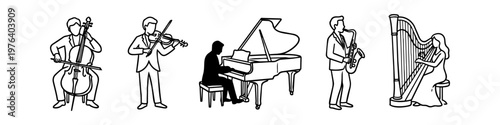Minimalist black and white line art illustrations of professional musicians playing the cello, violin, grand piano, saxophone, and harp. Clean vector designs for music events and posters.