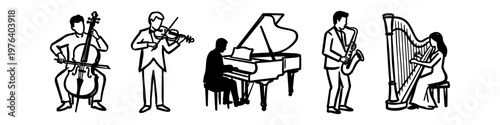 Set of minimalist black line art illustrations featuring musicians playing various instruments: cello, violin, grand piano, saxophone, and harp. Ideal for concert and music-themed designs.