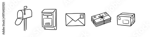 Hand-drawn doodle set of mail and postal icons including mailboxes, envelopes, letters, and packages in black line art style on a white background.