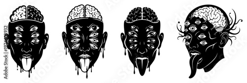 Surreal faces with multiple eyes and exposed brains representing altered states of mind in black and white vector style