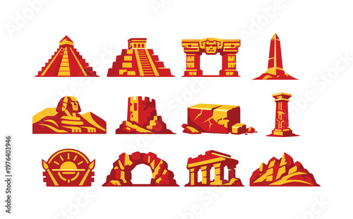 Two-Color vector icons of ancient structures: tall pyramid, stepped temple, carved stone gate, desert obelisk; dune-side monument