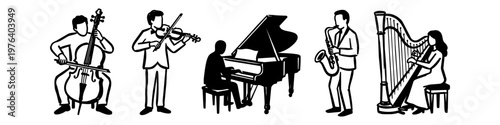 Set of black and white line art icons depicting musicians playing grand piano, violin, cello, saxophone, and harp. Minimalist vector illustration for music concerts, lessons, and posters.