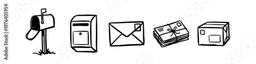 Hand-drawn black and white doodle icons representing mail and delivery services, including various mailboxes, envelopes, stacked letters, and a parcel.