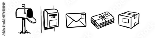 Minimalist hand-drawn postal icons set featuring a mailbox, envelope, letter stack, and parcel box. Black ink sketch style perfect for mail, shipping, and delivery design themes.